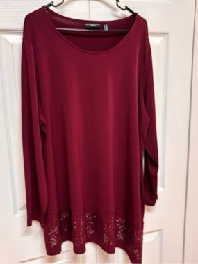 Susan Graver Embellished Hem Long Sleeve Tunic - Burgundy